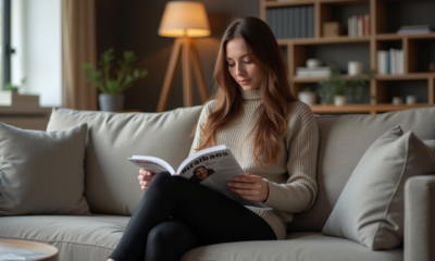 Femme en leggings noirs lisant un magazine dans un salon