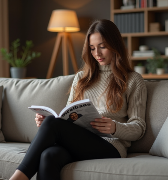 Femme en leggings noirs lisant un magazine dans un salon