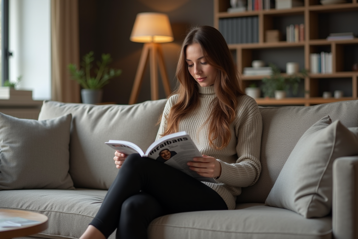 Femme en leggings noirs lisant un magazine dans un salon