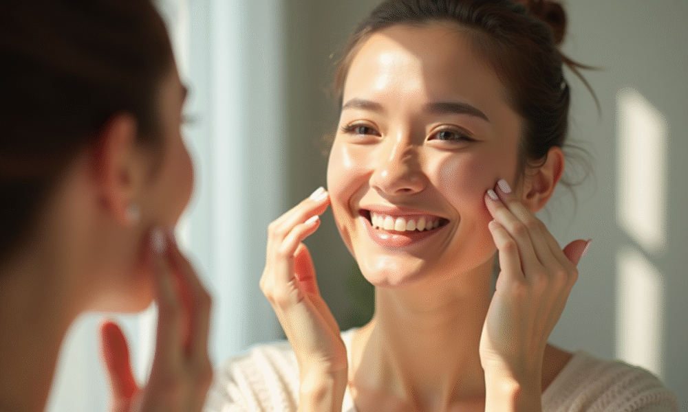 Femme d'âge moyen appliquant un maquillage naturel devant un miroir en lumière douce