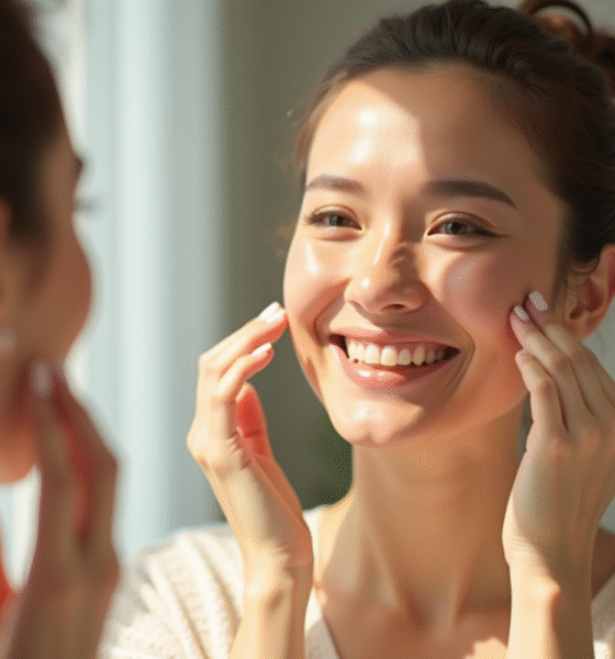 Femme d'âge moyen appliquant un maquillage naturel devant un miroir en lumière douce