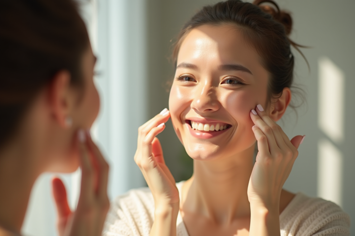 Femme d'âge moyen appliquant un maquillage naturel devant un miroir en lumière douce