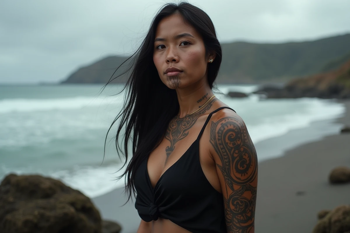 Femme māorie au tatouage traditionnel sur le menton et le bras, photographiée sur le littoral néo-zélandais, symbolisant l'identité culturelle et l'héritage ancestral