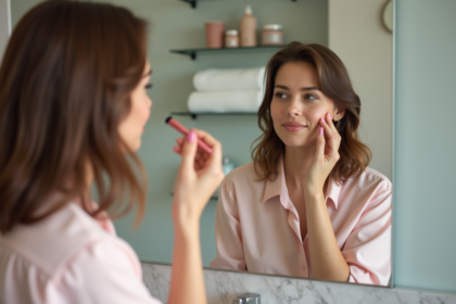 Femme appliquant du blush devant un miroir dans la salle de bain