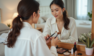 Jeune femme arrangeant ses produits de maquillage dans sa chambre lumineuse