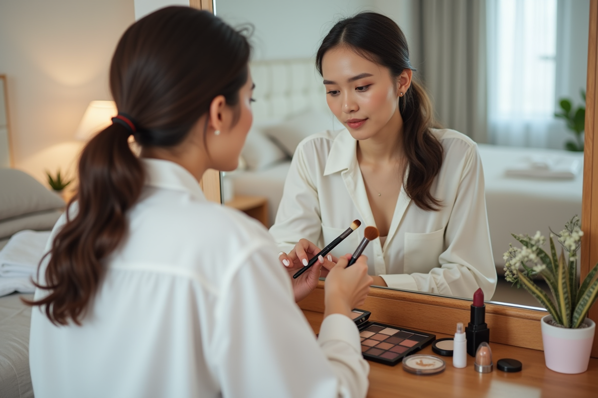 Jeune femme arrangeant ses produits de maquillage dans sa chambre lumineuse