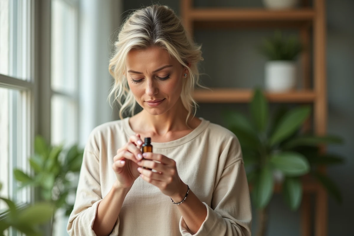 Femme d'âge mûr examinant un flacon d'essence cosmétique dans un appartement lumineux entouré de plantes vertes