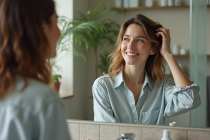 Femme regardant son reflet dans le miroir de la salle de bain