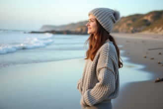 Femme élégante en pull et bonnet sur plage d'hiver