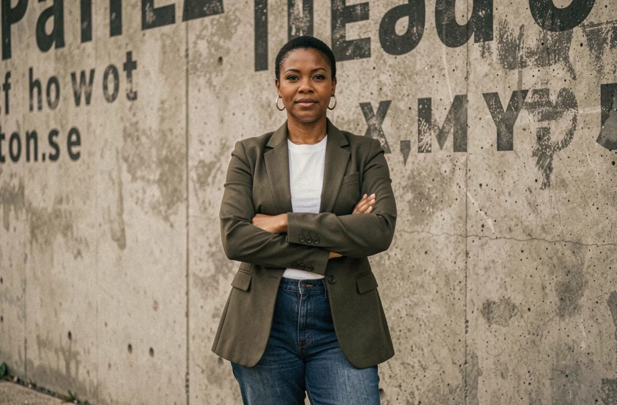 Femme noire élégante et déterminée devant un mur urbain avec art typographique, symbolisant le féminisme et la beauté intérieure