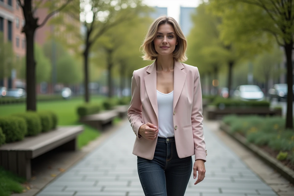 Femme en blazer pastel dans un parc urbain