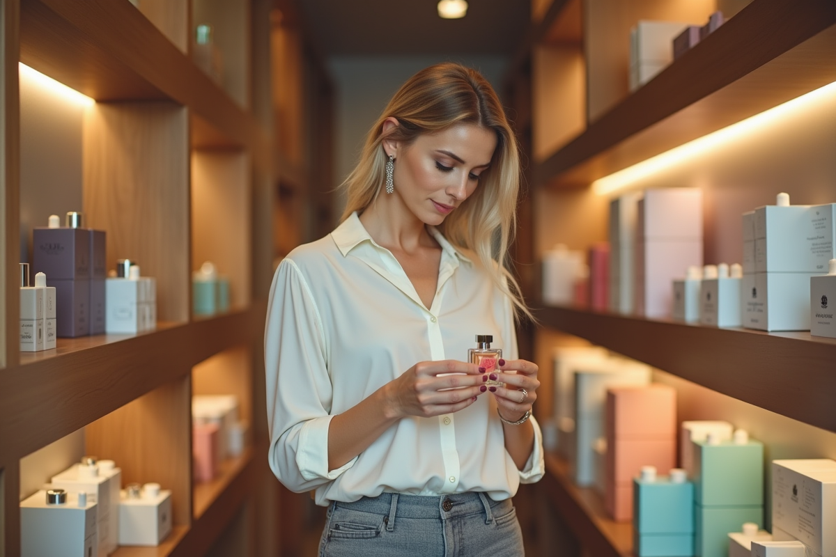 Femme dans une boutique de parfum examine une bouteille
