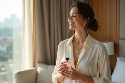 Femme élégante avec parfum dans une chambre lumineuse
