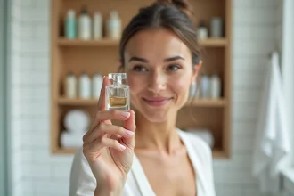 Femme tenant un flacon de parfum dupe Lidl dans une salle de bain minimaliste