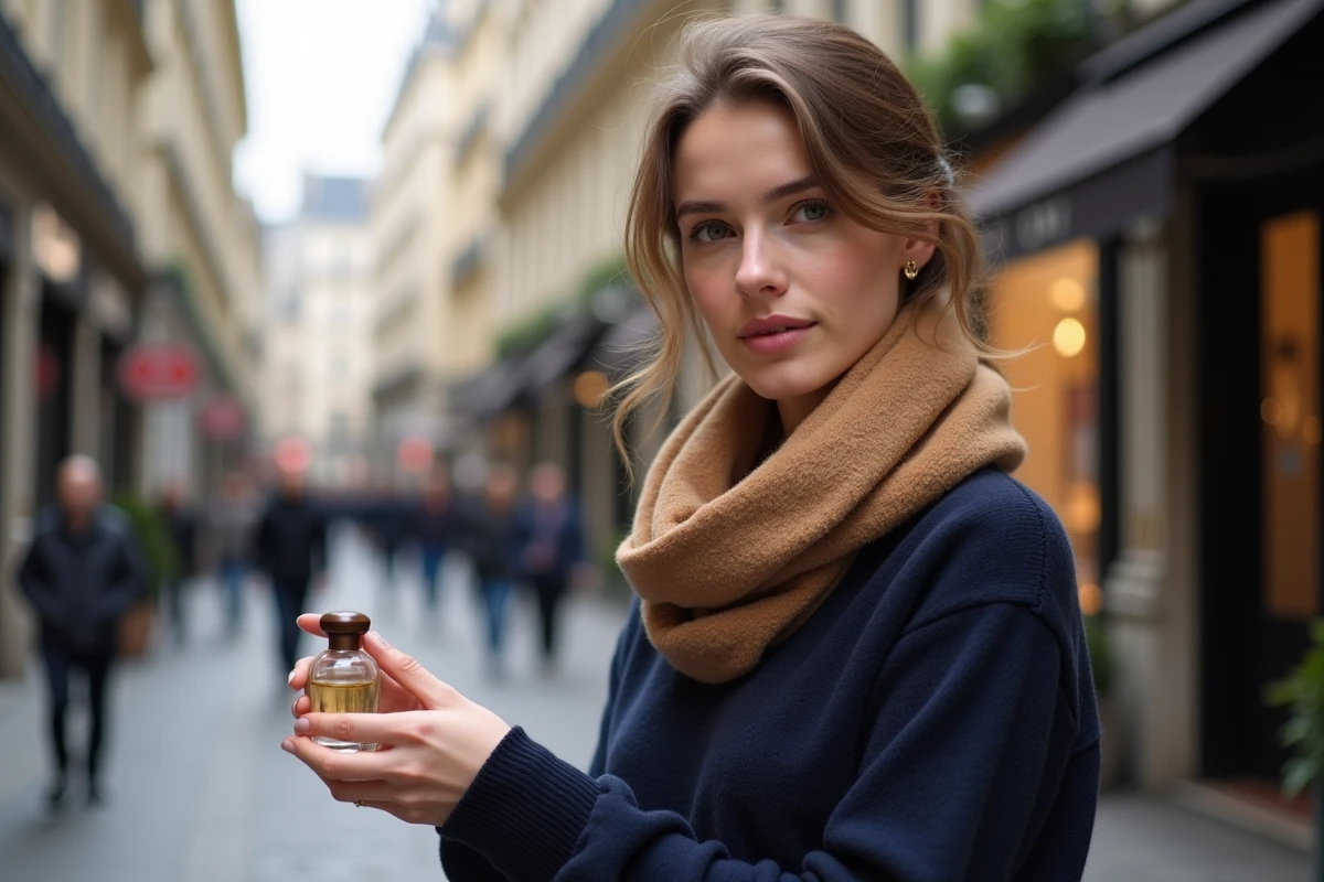 Femme testant un parfum dans une rue parisienne