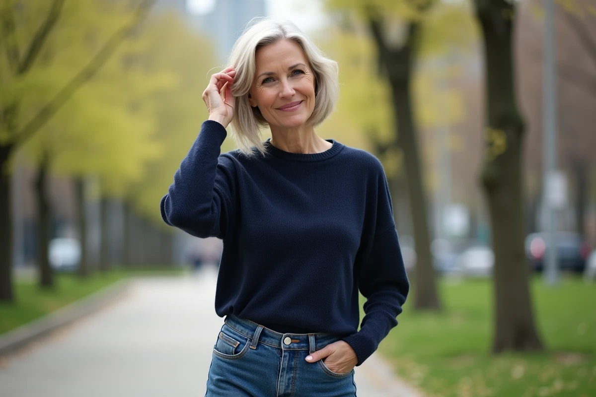 Femme élégante avec coupe courte dans un parc urbain