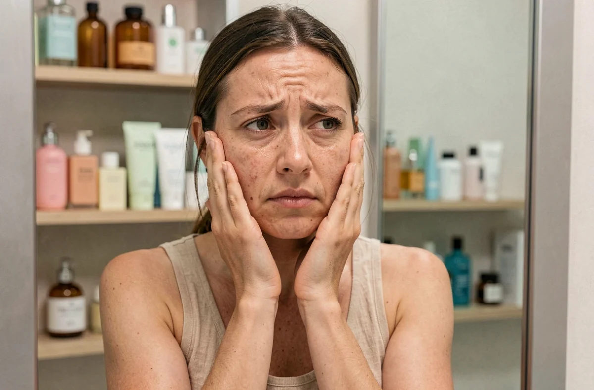 Femme observant sa peau sèche et tiraillée dans un miroir de salle de bain entourée de produits de soin