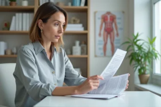 Femme en blouse grise lisant un article médical dans un cabinet moderne
