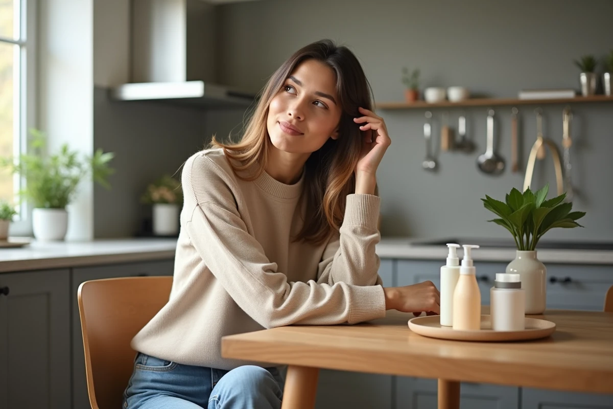Femme pensant dans une cuisine lumineuse et moderne