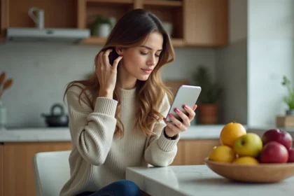 Femme réfléchissant dans un miroir en cuisine moderne