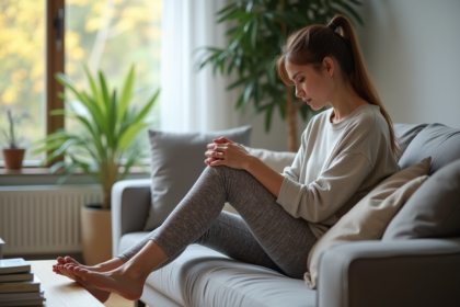 Femme assise sur un canapé en détente dans un salon cosy