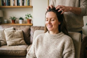 Femme détendue recevant un massage du cuir chevelu dans un salon cosy