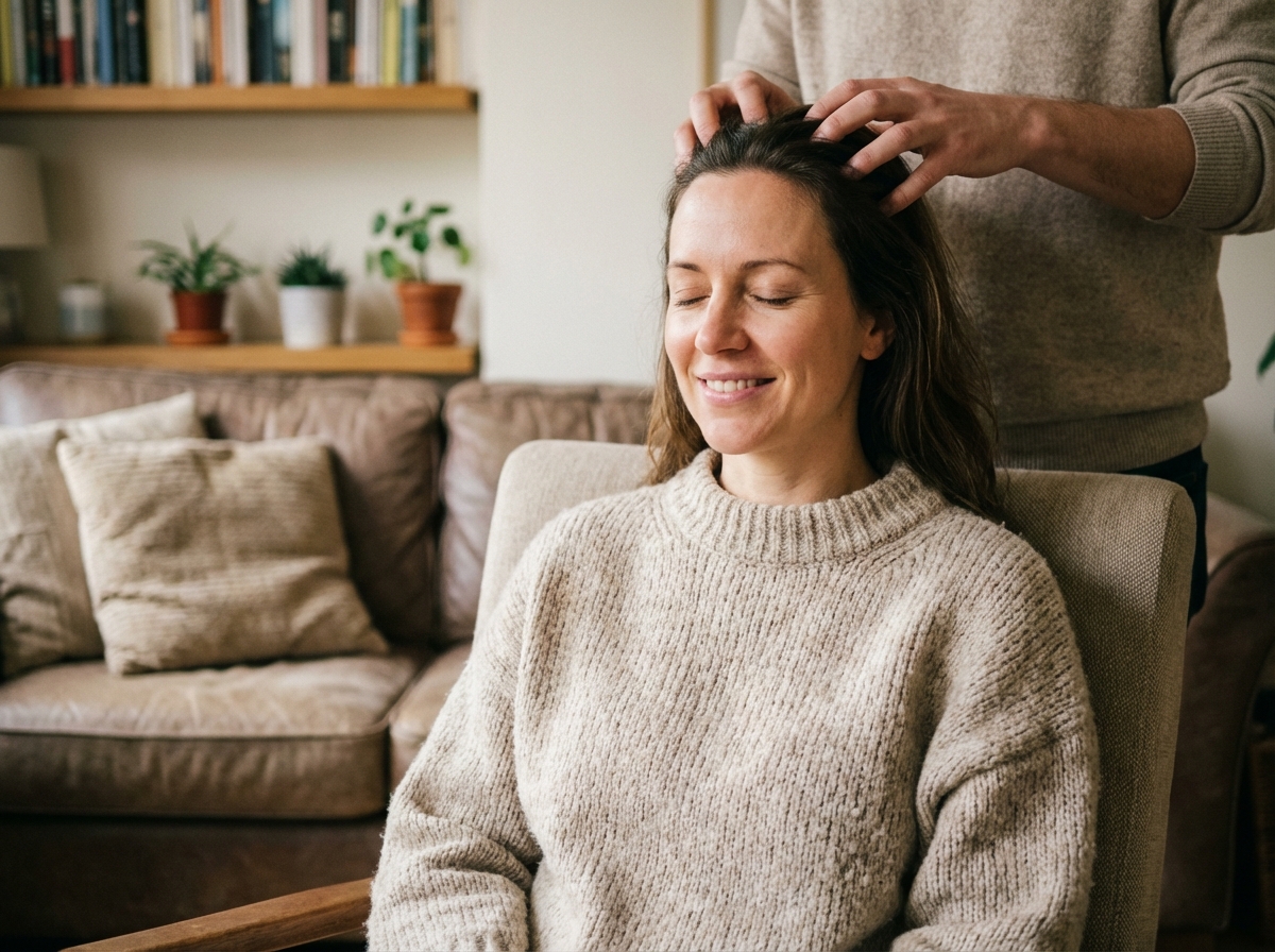 Femme détendue recevant un massage du cuir chevelu dans un salon cosy
