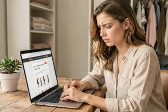 Jeune femme frustrée devant un article en rupture de stock sur un site de mode comme Yesstyle, cherchant des alternatives en ligne depuis son bureau à domicile