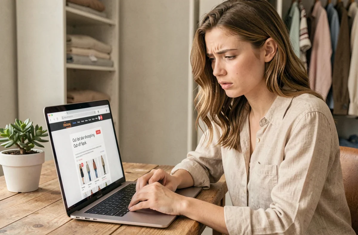 Jeune femme frustrée devant un article en rupture de stock sur un site de mode comme Yesstyle, cherchant des alternatives en ligne depuis son bureau à domicile