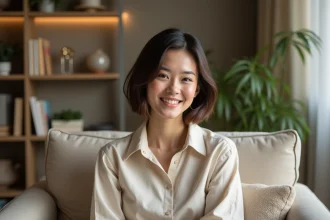 Femme avec coupe bob beige dans un salon chaleureux