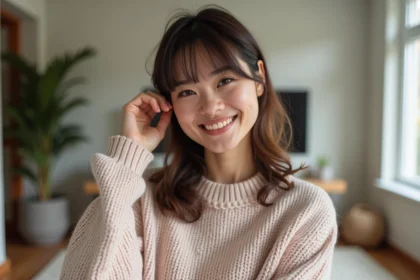 Femme souriante dans un salon lumineux en pastel