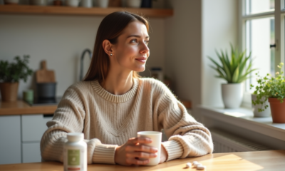 Femme en intérieur tenant un verre d'eau dans une cuisine moderne
