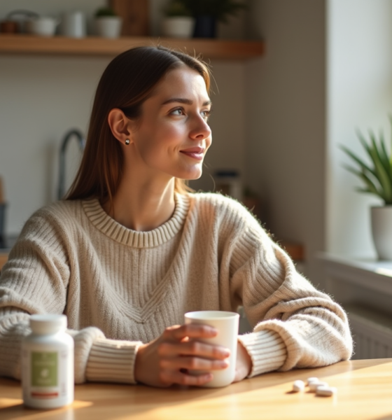 Femme en intérieur tenant un verre d'eau dans une cuisine moderne