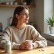 Femme en intérieur tenant un verre d'eau dans une cuisine moderne