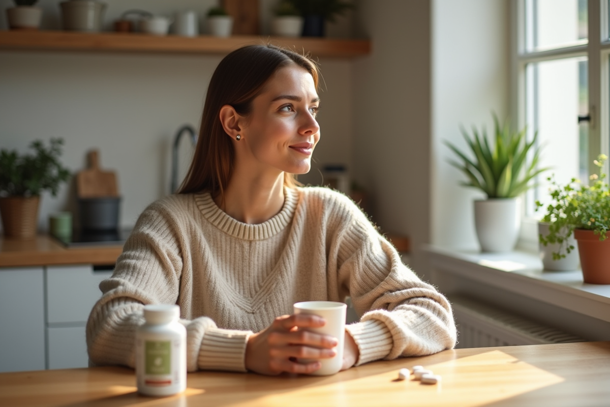 Femme en intérieur tenant un verre d'eau dans une cuisine moderne