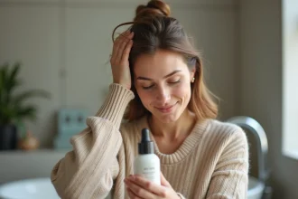 Femme appliquant un serum capillaire dans sa salle de bain