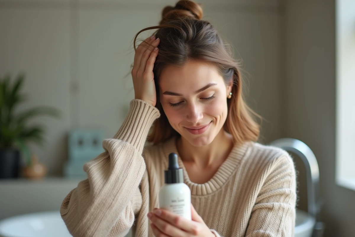 Femme appliquant un serum capillaire dans sa salle de bain
