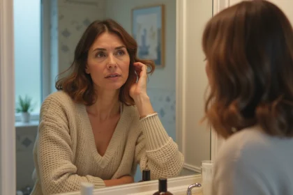 Femme regardant ses cheveux dans le miroir de salle de bain