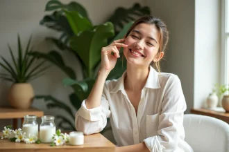 Femme souriante appliquant creme au jasmin sur le visage