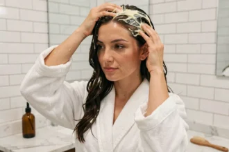 Femme appliquant un soin au soufre jaune sur son cuir chevelu dans une salle de bain moderne