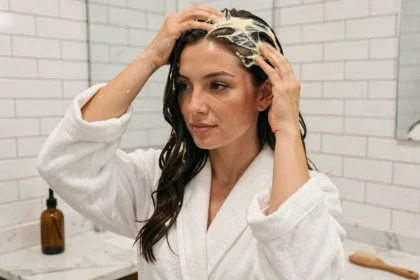 Femme appliquant un soin au soufre jaune sur son cuir chevelu dans une salle de bain moderne