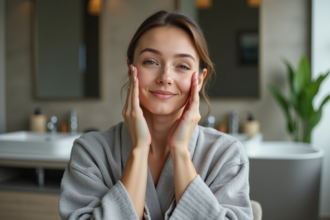 Femme en robe de coton gris se massant le visage