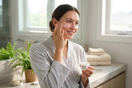 Femme souriante appliquant une creme probiotiques sur le visage