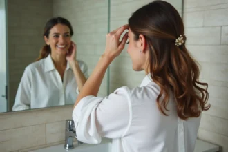 Femme souriante se coiffant devant un miroir dans la salle de bain