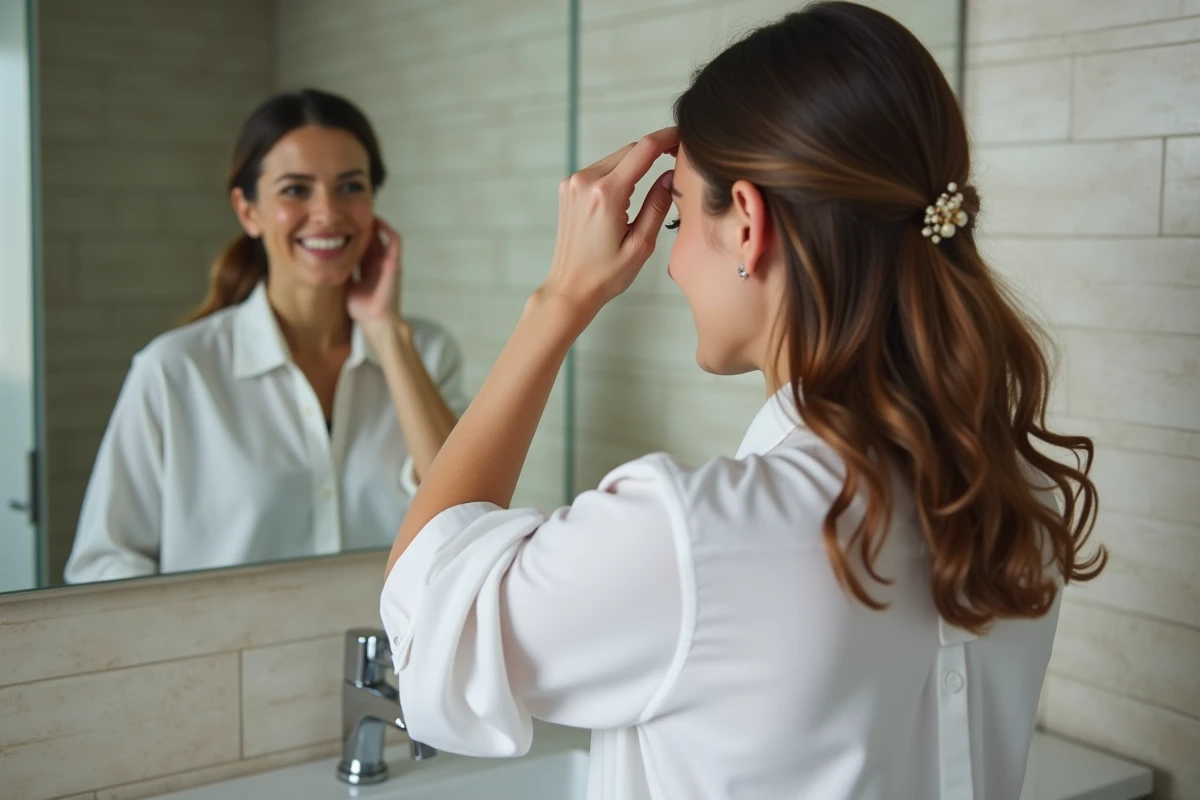 Femme souriante se coiffant devant un miroir dans la salle de bain