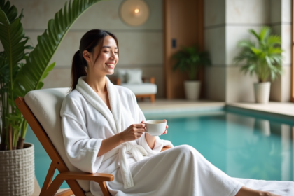 Femme en robe blanche détendue dans un spa intérieur