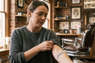 Femme regardant un tatouage de prénom sur son avant-bras dans un studio de tatouage, expression apaisée et réfléchie