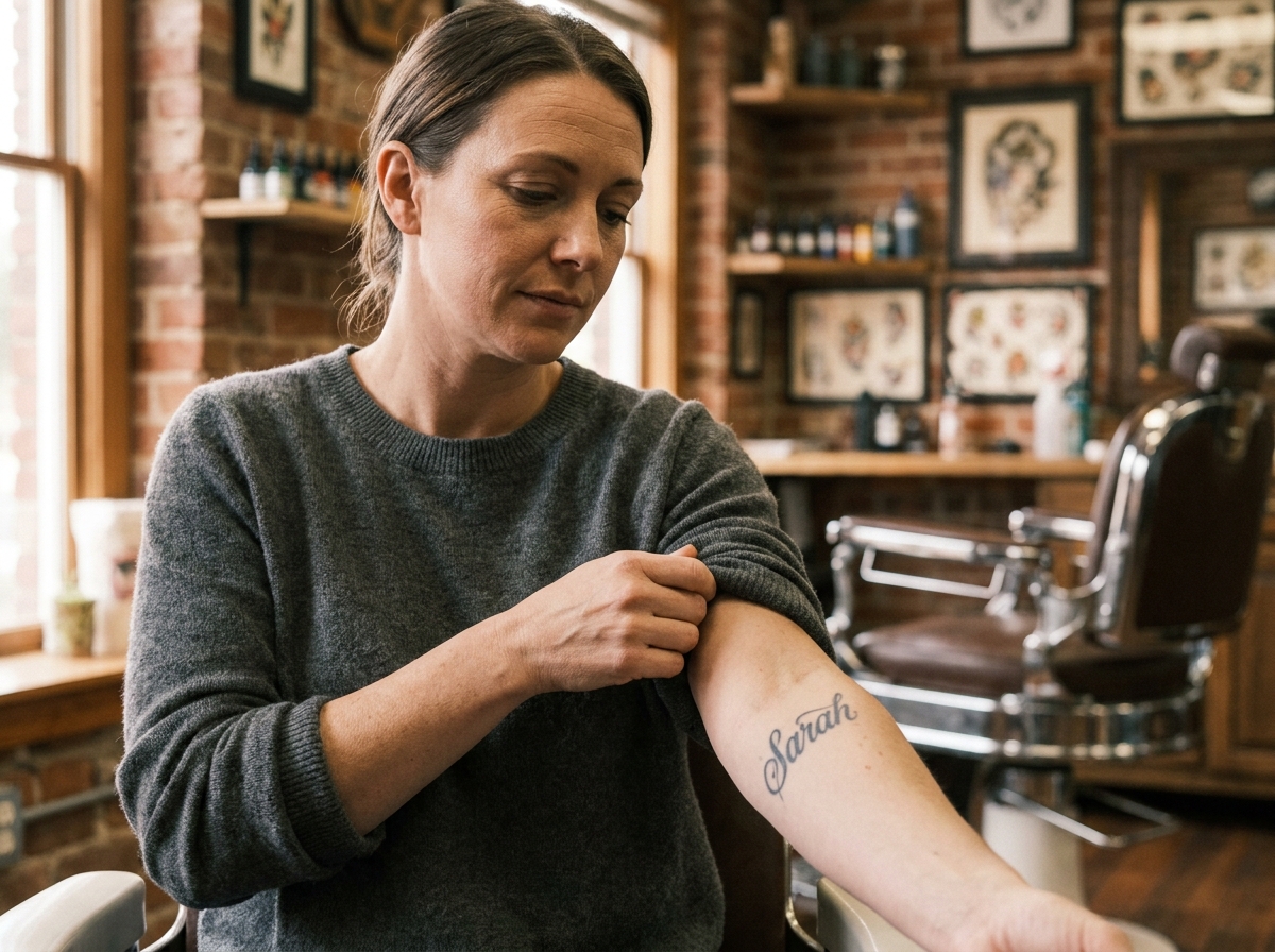 Femme regardant un tatouage de prénom sur son avant-bras dans un studio de tatouage, expression apaisée et réfléchie