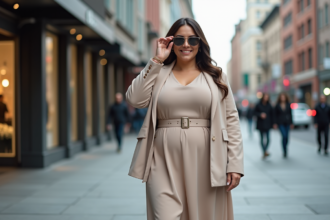 Femme confiante en robe midi en ville avec soleil