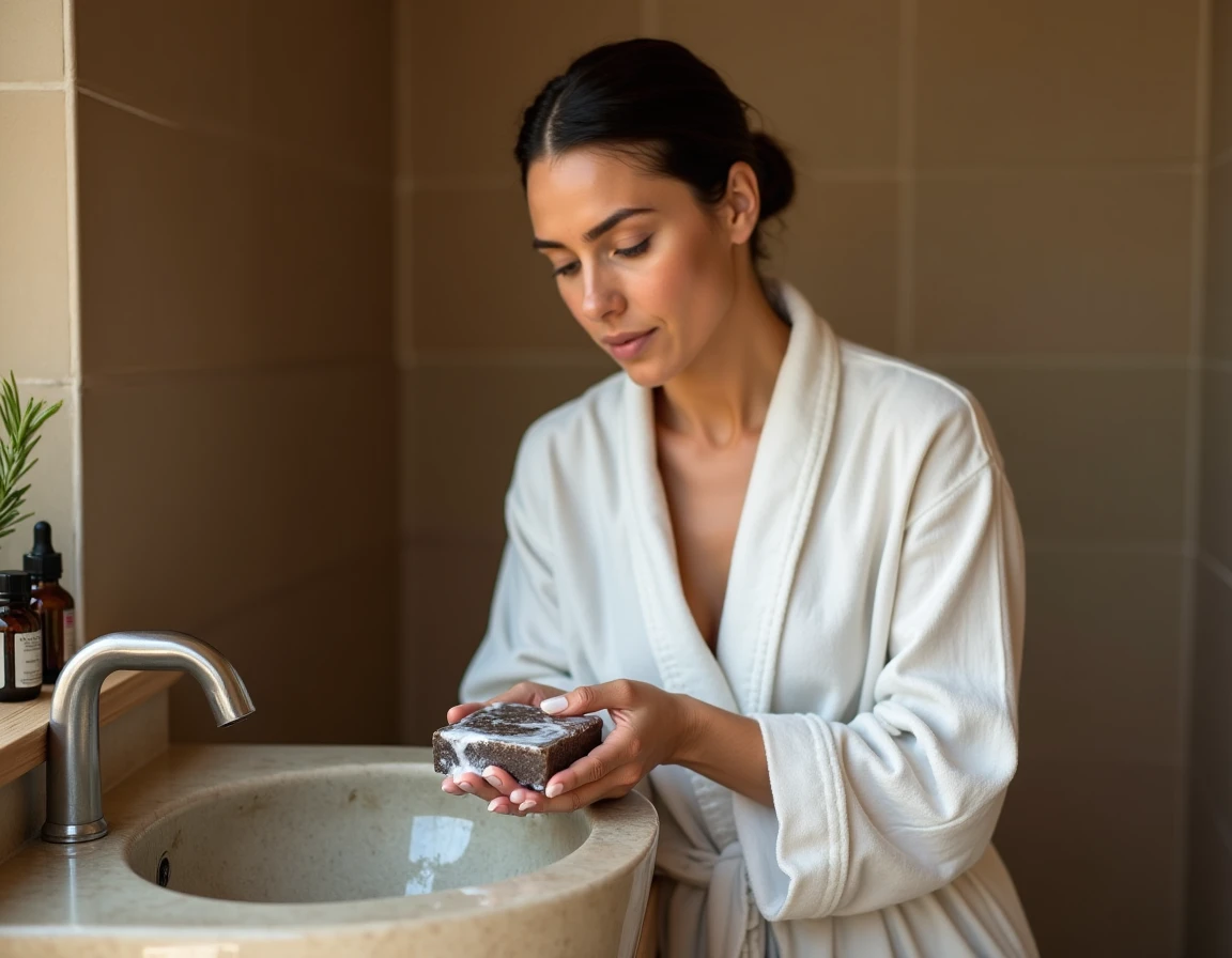 Femme utilisant un savon d'Alep traditionnel pour se laver les mains dans une salle de bain naturelle